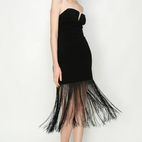 black fringe bodycon dress Fringe Foiled Bandage Dress – bebe